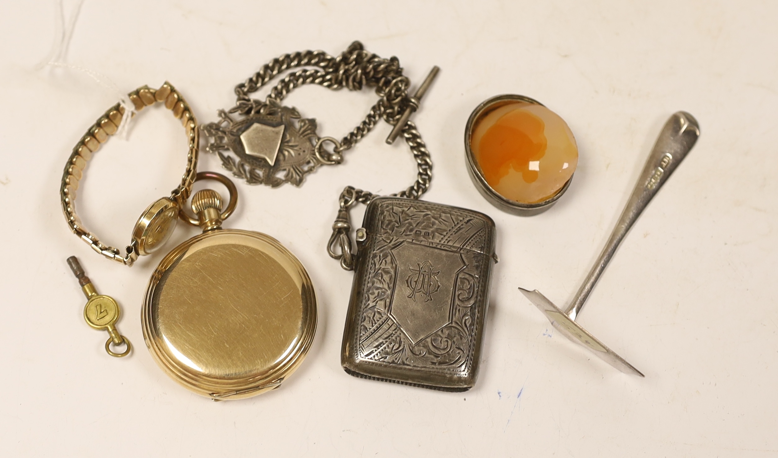 A silver vesta case, on a silver albert, with silver medallion, a lady's 9ct gold manual wind wrist watch, on a gold plated bracelet, a gold plated hunter pocket watch a silver pusher and a George III silver and agate mo
